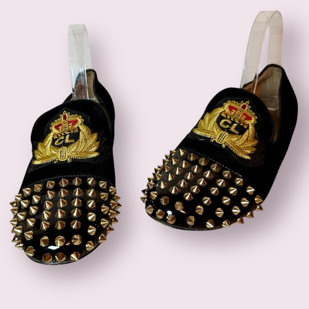 Christian Louboutin Velvet & Spiked Loafer Black Gold Size EU 43